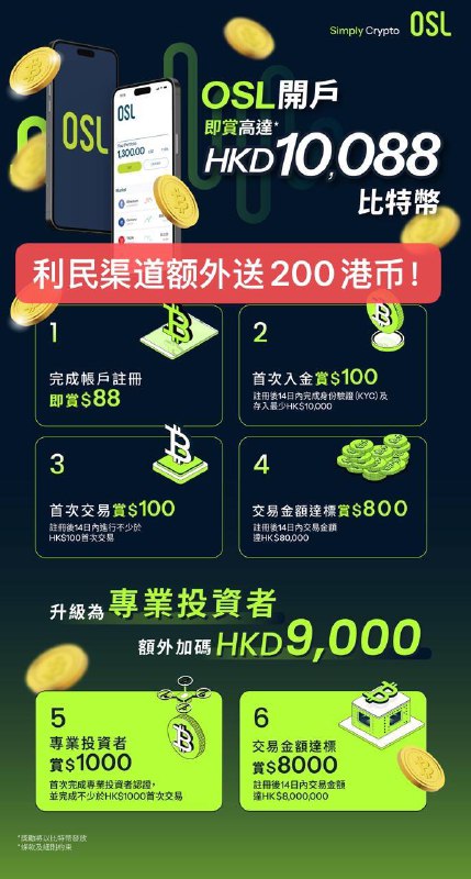 限时活动！多拿200！31日前有效！OSL 专属新客奖励：多给200港币！地址证明利民全程免费指导！在原奖励的基础上，多给200现金！必须找利民登记，可以进群联系我，群聊了在主页！活动要求：需要在2025年3月20日-3月31日注册、并入金达1万港币等值  原奖励如图不变，达标后30天内系统发放  额外加码的200，会手动发给你！OSLE 专属开户链接