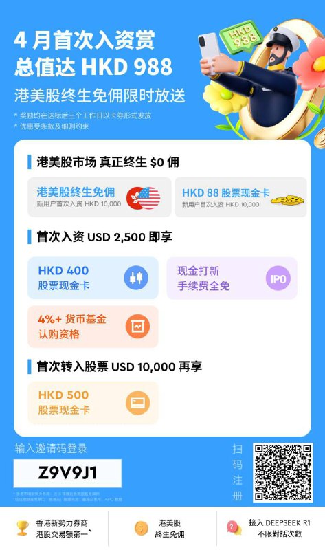 利民额外再送100港币！1.本月入金1万港币，可以享受港美股终生免佣➕ 88港币现金卡2.本月入金2万港币，可以领取400港币股票现金想要领取的小伙伴抓紧开户入金咯，需要协助开户也可以私信我哈已经开户长桥的，还没有入金的，可以改成我的邀请码再入金，同样有利民私返的100港币！开户链接(HK)：